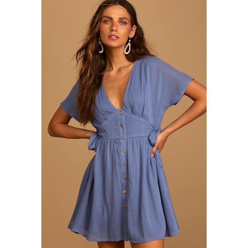 Lulu's | Certainly Cute Denim Blue Side-Tie Short Sleeve Mini Dress | M